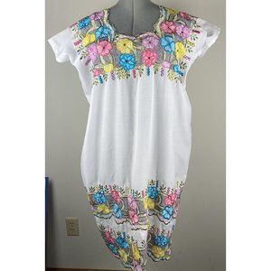 White Beach Resort Dress Coverup Women Embroidered Trim Mexico Sheer Handmade